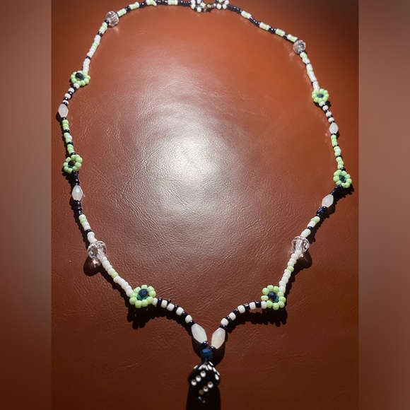 Necklace, glass beading. Swarovski crystal beads. Black, white, mint green. - Picture 3 of 3